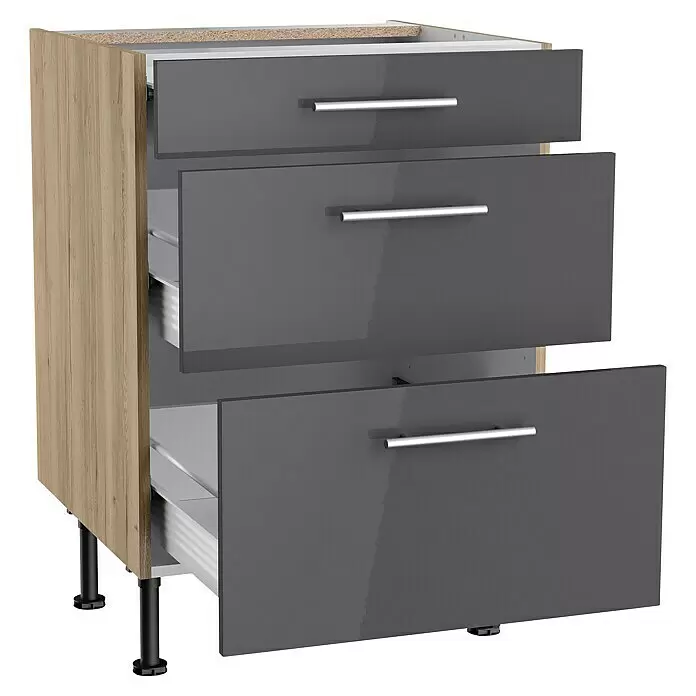Optifit Unterschrank Jonte984L x B x H: 58,1 x 60 x 87 cm, Glanz Lack Anthrazit, Mit 3 Schubkästen