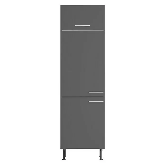 Optifit Hochschrank Ingvar420 - L x B x H: 58,1 x 60 x 211,8 cm, Anthrazit matt, Für integrierbaren Kühlschrank - Dunkelgrauer Unterschrank mit Schublade, Tür, silbernen Griffen und verstellbaren Füßen.