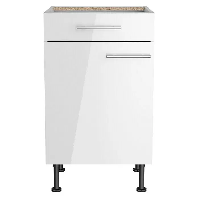 Optifit Unterschrank Optikomfort Rurik986 - L x B x H: 58,1 x 50 x 87 cm, Glanz Lack Weiß - Weißer Hochglanz-Küchenunterschrank mit zwei Schubladen, silbernen Griffen, schwarzen Füßen und Spanplattenplatte.