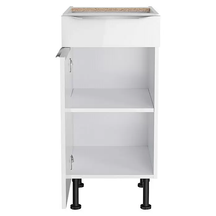 Optifit Unterschrank Optikomfort Arvid 986 - 58,1 x 40 x 87 cm, Glanz Lack Weiß, Mit Schubkasten - Weißer Küchenunterschrank mit offener Tür, zwei Einlegeböden, einer oberen Schublade und schwarzen verstellbaren Füßen.