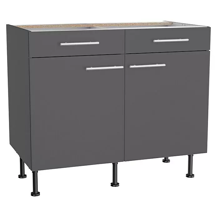 Optifit Küchen-Unterschrank Ingvar420 - L x B x H: 58,1 x 100 x 87 cm, Anthrazit matt - Grauer Küchenspülunterschrank mit zwei oberen Schubladen, zwei unteren Türen, silbernen Griffen und schwarzen verstellbaren Beinen.