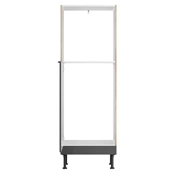 Optifit Midischrank Optikomfort Linus984 - L x B x H: 58,1 x 60 x 176,6 cm, Glanz Lack Anthrazit, Für Einbaubackofen und integrierbaren Kühlschrank - Offener Schrankkorpus mit Holzoptik-Seiten, weißem Innenraum, dunkelgrauem Sockel und verstellbaren schwarzen Füßen.