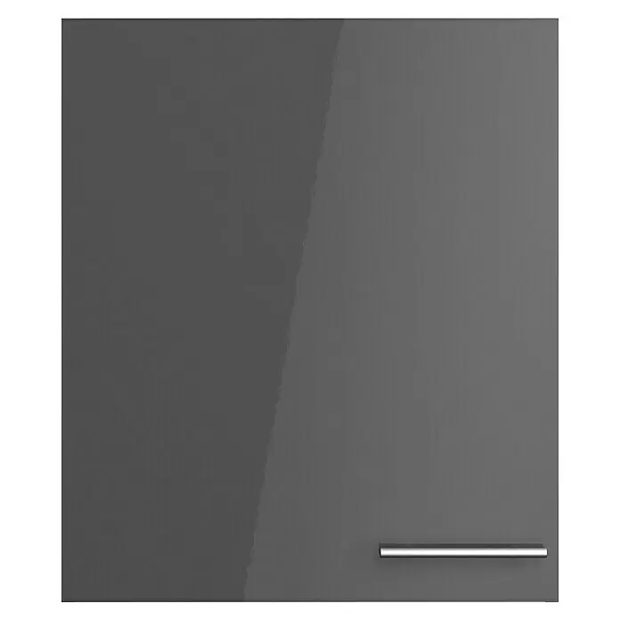 Optifit Hängeschrank Jonte984 - L x B x H: 34,6 x 60 x 70,4 cm, Glanz Lack Anthrazit - Dunkelgraue Hochglanz-Schranktür mit silbernem Stangengriff.