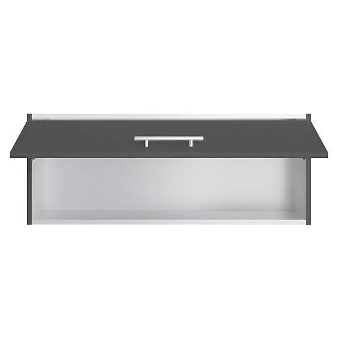 Optifit Hängeschrank Ingvar420 - L x B x H: 34,6 x 90 x 35,2 cm, Anthrazit matt - Offener Hängeschrank mit dunkelgrauer Klappe und silbernem Griff, der ein weißes Inneres offenbart.