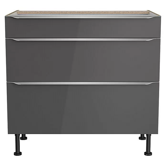 Optifit Unterschrank Optikomfort Linus984 - L x B x H: 58,1 x 90 x 87 cm, Glanz Lack Anthrazit, Mit 3 Schubkästen - Dunkelgrauer Hochglanz-Zweischubladenschrank mit silbernen Griffen, schwarzen Beinen und unbehandelter Holzkante oben.