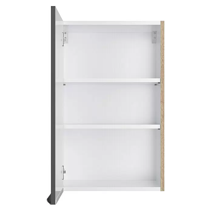 Optifit Hängeschrank Optikomfort Linus984 - L x B x H: 34,6 x 45 x 70,4 cm, Glanz Lack Anthrazit - Offener weißer Schrank mit drei Einlegeböden, dunkelgrauer linker Seite und heller Holzoptik rechter Seite.
