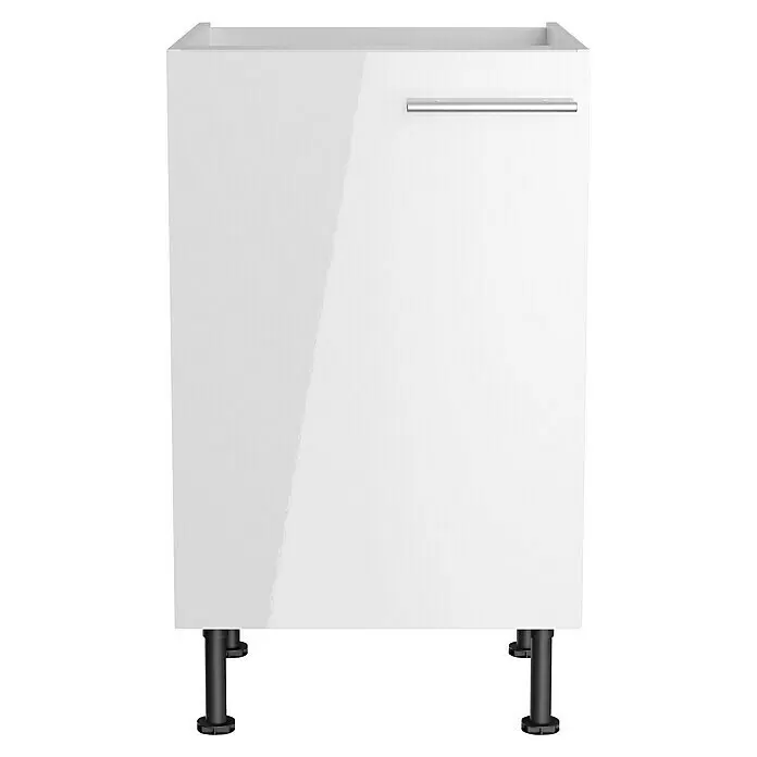 Optifit Spülenunterschrank Optikomfort Rurik986 - L x B x H: 58,1 x 50 x 87 cm, Glanz Lack Weiß - Weißer Hochglanz-Unterschrank mit silbernem Griff und schwarzen verstellbaren Füßen.