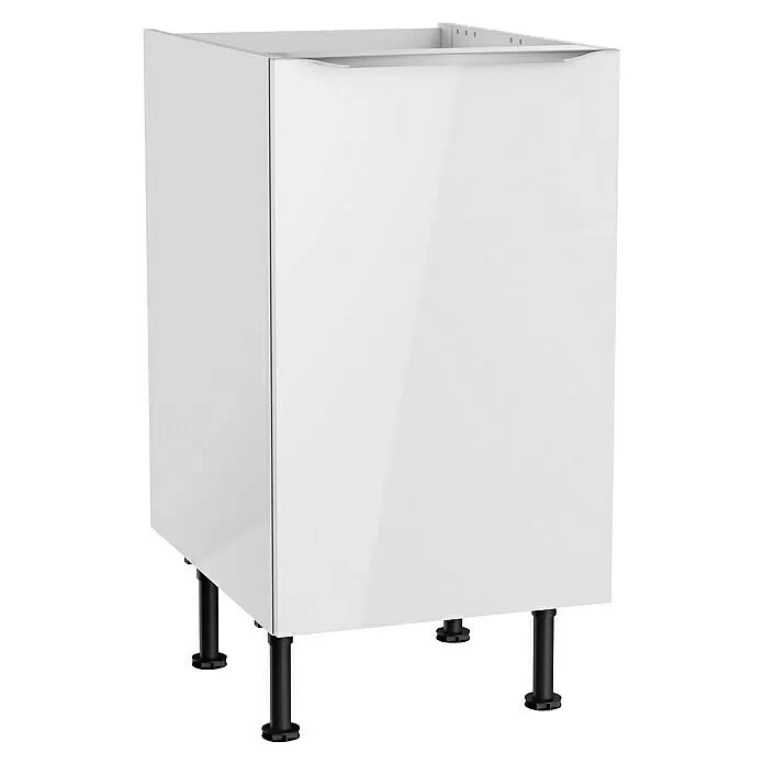 Optifit Spülenunterschrank Optikomfort Arvid 986 - 58,1 x 45 x 87 cm, Glanz Lack Weiß - Weißer Hochglanz-Küchenunterschrank mit schwarzen verstellbaren Beinen und Griffleiste.