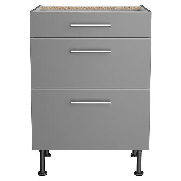 Optifit Küchen-Unterschrank Optikomfort Mats825 - L x B x H: 58,1 x 60 x 87 cm, Basaltgrau, Mit Schubkästen - Grauer Dreischubladenschrank mit silbernen Griffen und schwarzen verstellbaren Füßen.
