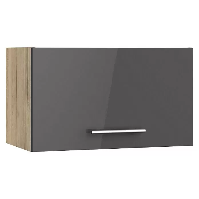 Optifit Hängeschrank Jonte984 - L x B x H: 34,6 x 60 x 35,2 cm, Glanz Lack Anthrazit - Grauer Hochglanz-Küchenhängeschrank mit hellen Holzseiten und silbernem Stangengriff.