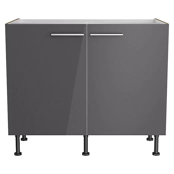 Optifit Spülenunterschrank Jonte984 - L x B x H: 58,1 x 100 x 87 cm, Glanz Lack Anthrazit - Dunkelgrauer glänzender zweitüriger Küchenunterschrank mit silbernen Griffen und schwarzen verstellbaren Beinen.