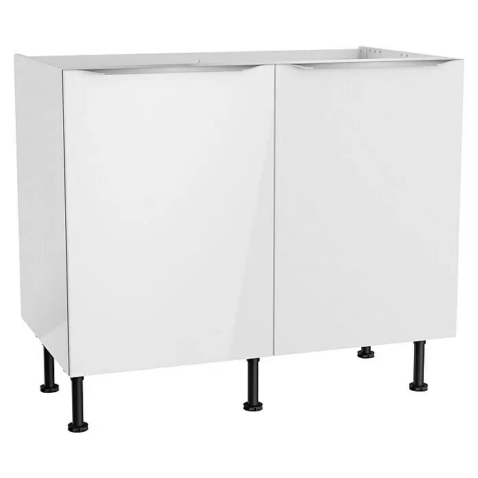 Optifit Spülenunterschrank Optikomfort Arvid 986 - 58,1 x 100 x 87 cm, Glanz Lack Weiß - Weißer zweitüriger Küchenunterschrank mit integrierten Griffen und schwarzen verstellbaren Füßen.
