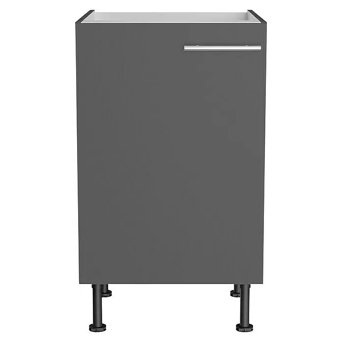 Optifit Spülenunterschrank Ingvar420 - L x B x H: 58,1 x 50 x 87 cm, Anthrazit matt - Grauer Schrank mit silbernem Griff und schwarzen Beinen.
