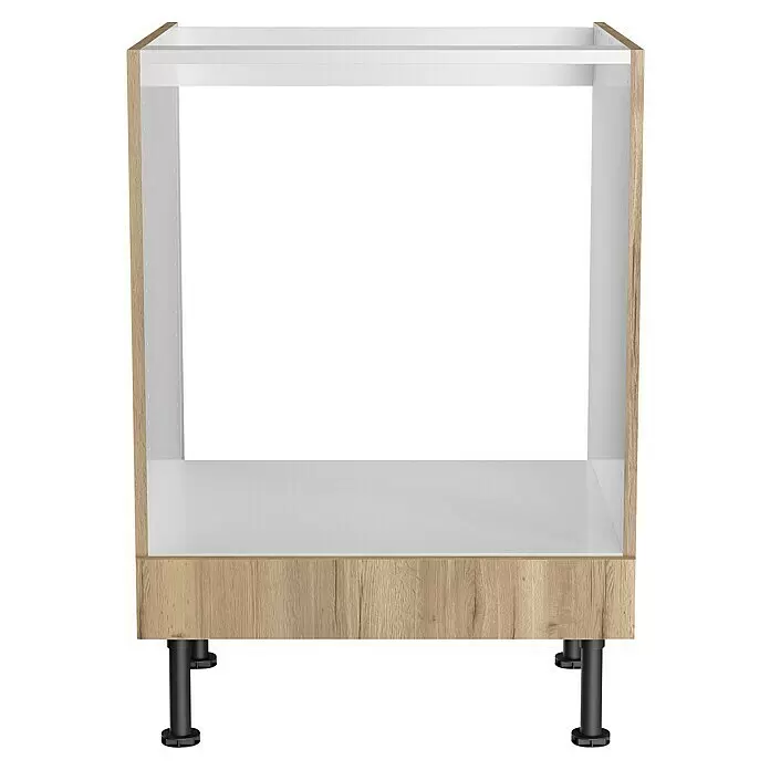 Optifit Geräteumbauschrank Erik290 - L x B x H: 58,1 x 60 x 87 cm, Nachbildung Wildeiche - Modulares Küchenunterschrankgestell in heller Holzoptik mit weißer Innenausstattung und schwarzen verstellbaren Beinen.