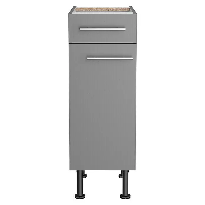Optifit Unterschrank Optikomfort Mats825 - L x B x H: 58,1 x 30 x 87 cm, Basaltgrau - Grauer Küchenunterschrank mit zwei Schubladen, silbernen Griffen und offenliegender Spanplatten-Oberseite auf dunklen Füßen.