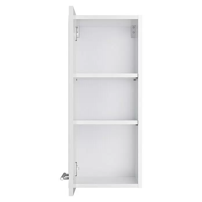 Optifit Hängeschrank Optikomfort Rurik986 - L x B x H: 34,6 x 30 x 70,4 cm, Glanz Lack Weiß - Weißer Wandschrank mit drei offenen Fächern. Eine teilweise sichtbare Tür mit Beschlägen ist links.