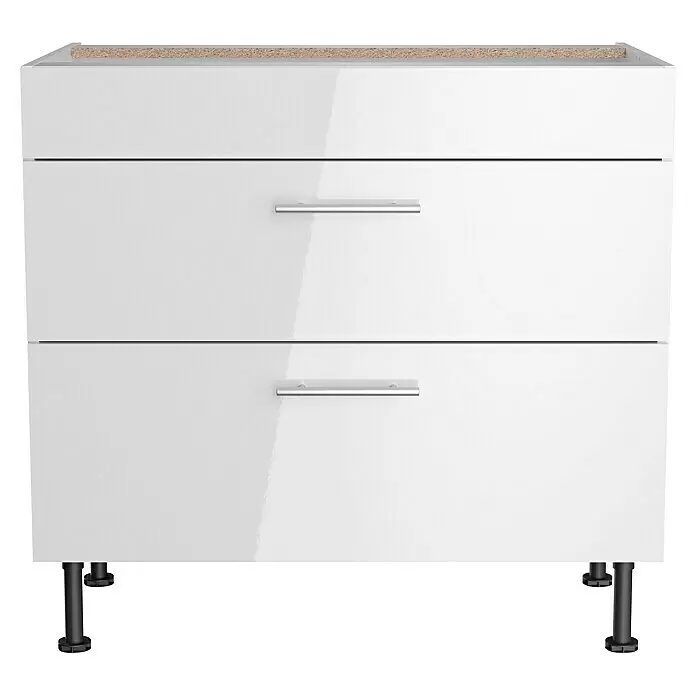 Optifit Küchen-Unterschrank Optikomfort Rurik986 - L x B x H: 58,1 x 90 x 87 cm, Glanz Lack Weiß, Platz für einen Einbauherd - Weißer Hochglanz-Unterschrank mit zwei Schubladen, silbernen Griffen, verstellbaren Füßen und unfertiger Spanplatten-Oberfläche.