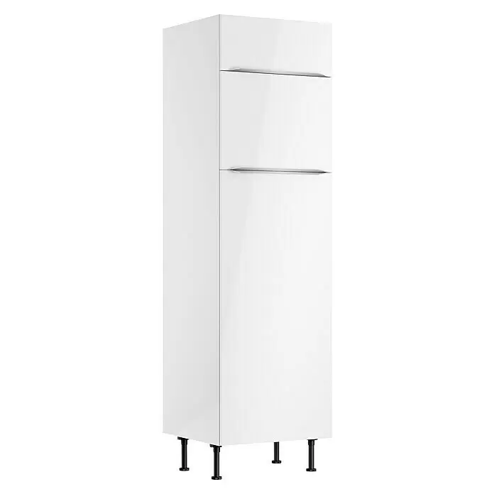 Optifit Demi-Geräteumbauschrank Optikomfort Arvid 986 - L x B x H: 58,1 x 60 x 211,8 cm, Glanz Lack Weiß, Für integrierbare Kühl-Gefrierkombination - Weißer Hochschrank mit Hochglanzoberfläche, zwei Fächern und integrierten Griffen, auf schwarzen verstellbaren Beinen.