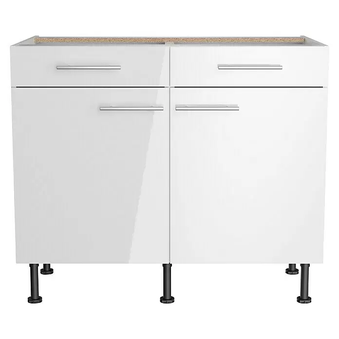 Optifit Küchen-Unterschrank Optikomfort Rurik986 - L x B x H: 58,1 x 100 x 87 cm, Glanz Lack Weiß - Weißer Hochglanz-Küchenunterschrank mit zwei Schubladen, zwei Türen, Metallgriffen und schwarzen verstellbaren Beinen.