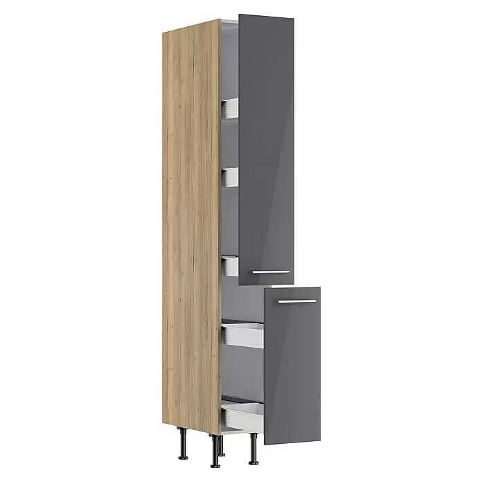 Optifit Apotheker-Hochschrank Jonte984 - 58,1 x 30 x 211,8 cm, Glanz Lack Anthrazit - Hoher Küchenvorratsschrank mit Holzmaserung an der Seite, dunkelgrauen Glanztüren/Schubladen. Obere Tür angelehnt, untere Schublade offen, auf verstellbaren Füßen.