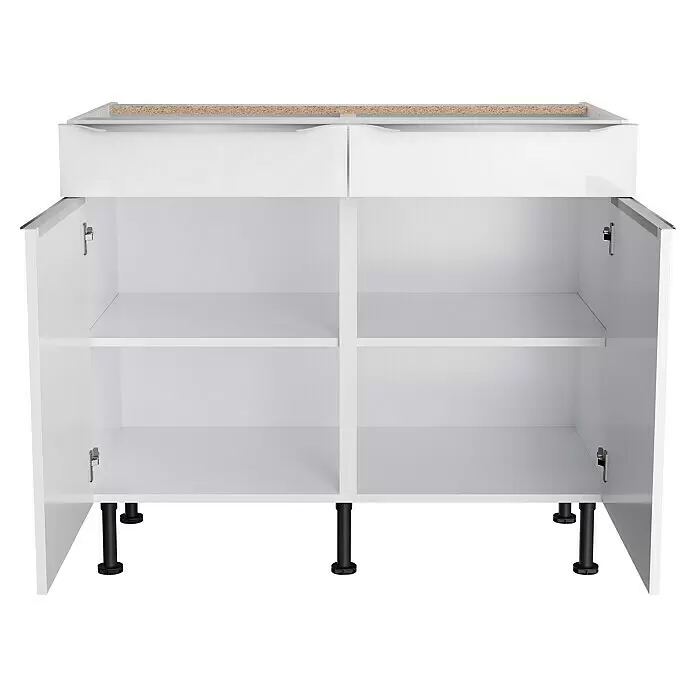Optifit Küchen-Unterschrank Optikomfort Arvid 986 - 58,1 x 100 x 87 cm, Glanz Lack Weiß, Mit 2 Schubkästen - Weißer offener Küchenunterschrank mit zwei oberen Schubladen, zwei Einlegeböden und schwarzen verstellbaren Füßen. Rohe Spanplattenkante oben sichtbar.