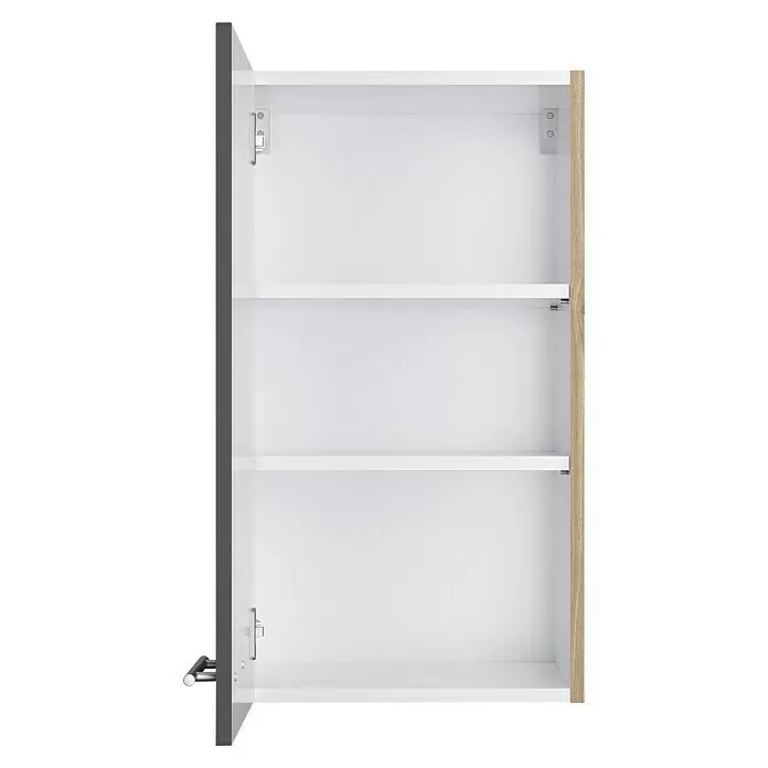 Optifit Hängeschrank Jonte984 - L x B x H: 34,6 x 40 x 70,4 cm, Glanz Lack Anthrazit - Offener weißer Wandschrank mit zwei Einlegeböden, dunkelgrauer linker Seite und heller Holzrechter Seite. Silberner Griff sichtbar.