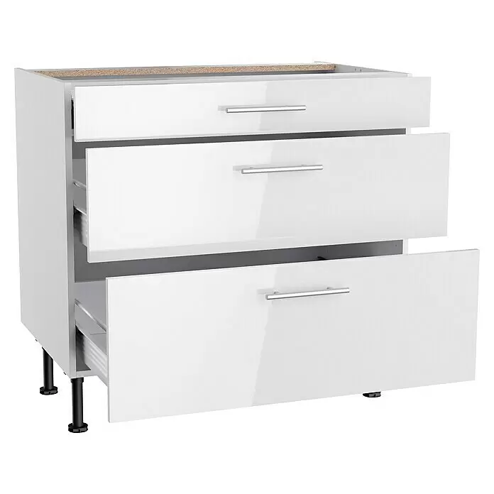 Optifit Unterschrank Optikomfort Rurik986 - L x B x H: 58,1 x 90 x 87 cm, Glanz Lack Weiß, Mit 3 Schubkästen - Weißer Hochglanz-Küchenunterschrank mit drei Schubladen, alle leicht oder teilweise geöffnet, und schwarzen verstellbaren Füßen.