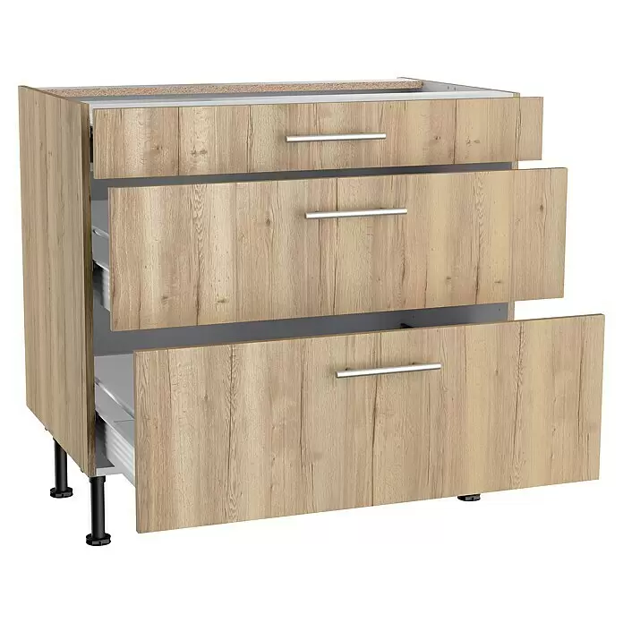 Optifit Küchen-Unterschrank Erik290 - L x B x H: 58,1 x 90 x 87 cm, Mit 3 Schubkästen - Helles Holzschubladenelement mit drei Schubladen, zwei geöffnet, silbernen Griffen und schwarzen Beinen.