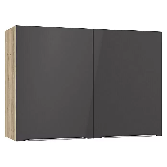Optifit Hängeschrank Optikomfort Linus984 - L x B x H: 34,6 x 100 x 70,4 cm, Glanz Lack Anthrazit - Zweitüriger Hängeschrank mit glänzenden dunkelgrauen Fronten und hellen Holzseiten.