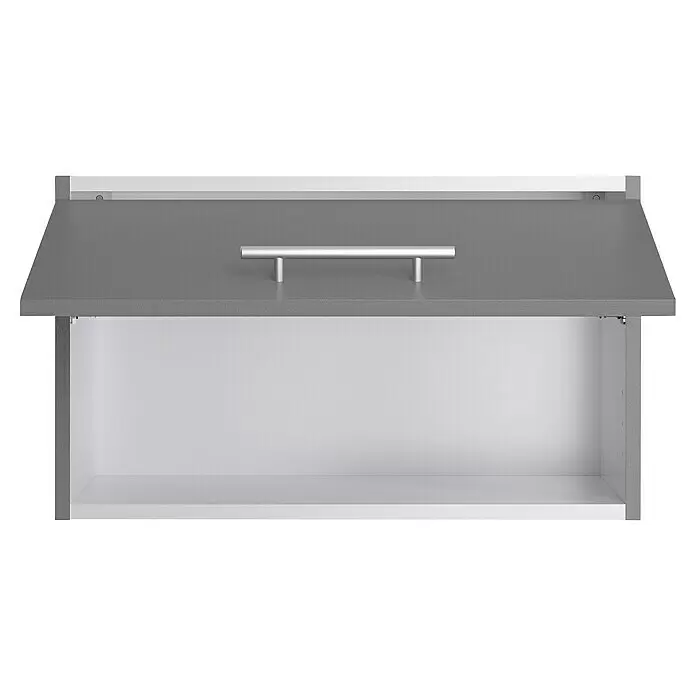 Optifit Oberschrank Optikomfort Mats825 - L x B x H: 34,6 x 60 x 35,2 cm, Basaltgrau - Wandhängeschrank mit teilweise geöffneter grauer Tür, silbernem Griff und weißem Innenraum.
