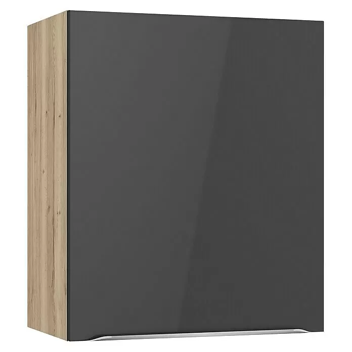 Optifit Hängeschrank Optikomfort Linus984 - L x B x H: 34,6 x 60 x 70,4 cm, Glanz Lack Anthrazit - Zweifarbiger Schrank mit heller Holzoptik-Seite und glänzend dunkelgrauer Tür. Unten mit elegantem silbernen Griff.