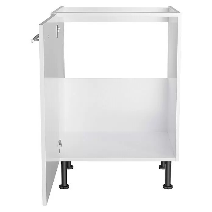 Optifit Spülenunterschrank Optikomfort Rurik986 - L x B x H: 58,1 x 60 x 87 cm, Glanz Lack Weiß - Weißer Küchenunterschrank-Korpus mit schwarzen Stellfüßen und Türscharnieren.