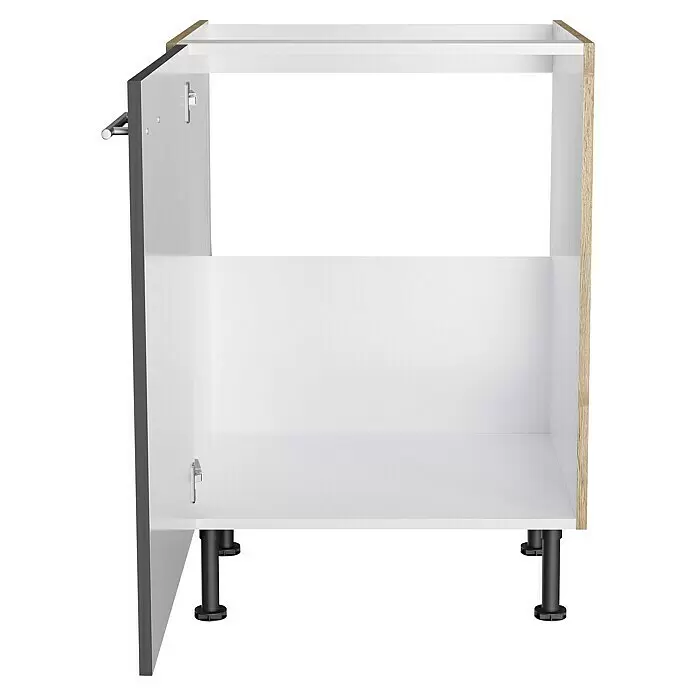 Optifit Spülenunterschrank Jonte984 - L x B x H: 58,1 x 60 x 87 cm, Glanz Lack Anthrazit - Offener weißer Küchenunterschrank mit dunkelgrauer Tür, Holzdekorseite, verstellbaren schwarzen Füßen und Auszugschiene.