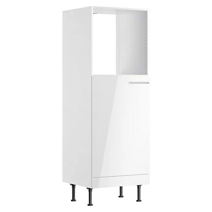 Optifit Geräteumbauschrank Optikomfort Rurik986 - L x B x H: 58,1 x 60 x 176,6 cm, Glanz Lack Weiß, Für Einbaubackofen und integrierbaren Kühlschrank - Hoher weißer Küchenschrank mit offenem oberen Fach und glänzender Tür mit Griff, auf verstellbaren Füßen.
