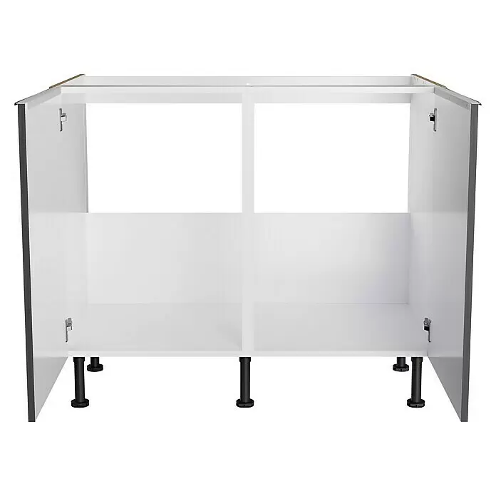 Optifit Spülenunterschrank Optikomfort Linus984 - B x T x H: 100 x 58,1 x 87 cm, Glanz Lack Anthrazit - Dunkelgrau-weißer Küchenunterschrank mit zwei offenen weißen Türen, zwei Fächern und schwarzen verstellbaren Beinen.