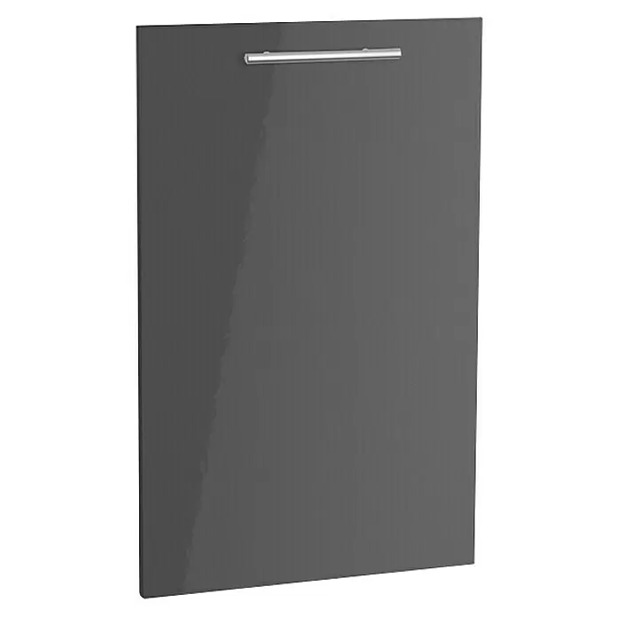 Optifit Geschirrspülerfront Optikomfort Jonte984 - L x B x H: 1,6 x 44,6 x 70 cm, Glanz Lack Anthrazit - Glänzende dunkelgraue Schranktür mit einem silbernen Stangengriff.