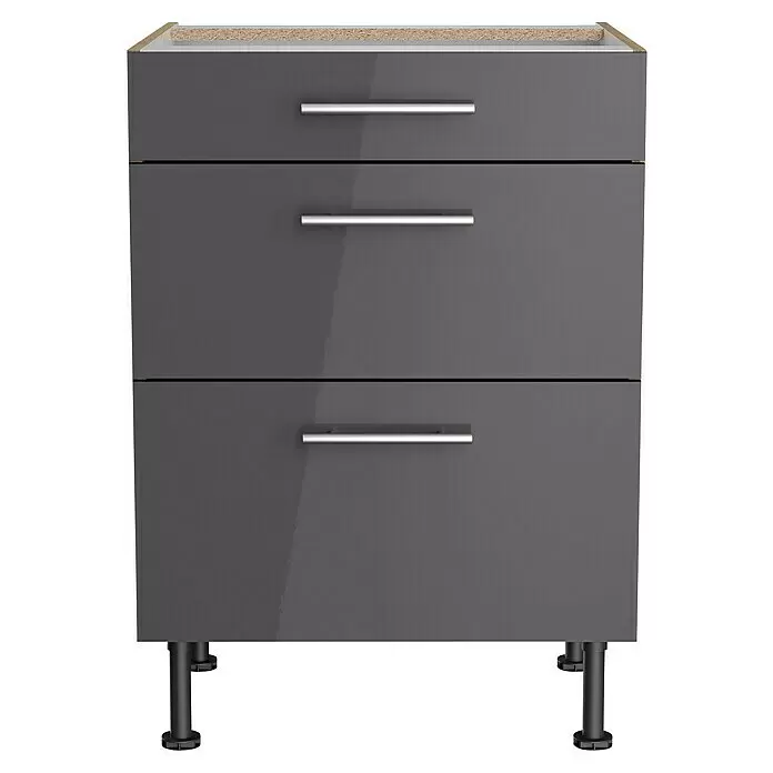 Optifit Unterschrank Jonte984L x B x H: 58,1 x 60 x 87 cm, Glanz Lack Anthrazit, Mit 3 Schubkästen
