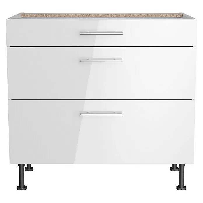 Optifit Unterschrank Optikomfort Rurik986 - L x B x H: 58,1 x 90 x 87 cm, Glanz Lack Weiß, Mit 3 Schubkästen - Weißer dreischübiger Schrank mit silbernen Griffen und schwarzen verstellbaren Beinen, mit unfertiger Oberseite.