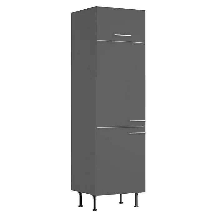 Optifit Hochschrank Ingvar420 - L x B x H: 58,1 x 60 x 211,8 cm, Anthrazit matt, Für integrierbaren Kühlschrank - Hoher, dunkelgrauer Schrank mit silbernen Griffen und Metallfüßen.