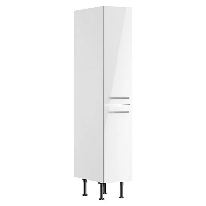 Optifit Apotheker-Hochschrank Optikomfort Rurik986 - L x B x H: 58,1 x 30 x 176,6 cm, Glanz Lack Weiß - Hoher weißer Schrank mit matter linker Tür und glänzenden rechten Türen, mit silbernen Stangengriffen und verstellbaren dunklen Füßen.