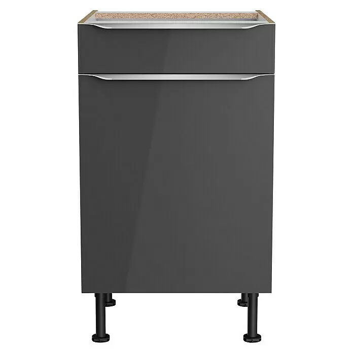 Optifit Unterschrank Optikomfort Linus984 - L x B x H: 58,1 x 50 x 87 cm, Glanz Lack Anthrazit - Dunkelgrauer Hochglanz-Küchenunterschrank mit zwei Sektionen, weißer Griffleiste und schwarzen Stellfüßen. Unfertige Oberkante.