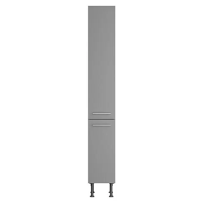Optifit Hochschrank Optikomfort Mats825 - L x B x H: 58,1 x 30 x 211,8 cm, Basaltgrau - Hoher grauer Schrank mit zwei silbernen Griffen und schwarzen verstellbaren Füßen.