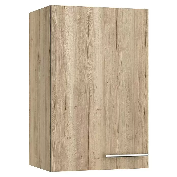 Optifit Hängeschrank Erik290 - L x B x H: 34,6 x 45 x 70,4 cm, Nachbildung Wildeiche - Heller Wandschrank in Holzoptik mit Holzmaserung und silbernem Stangengriff.