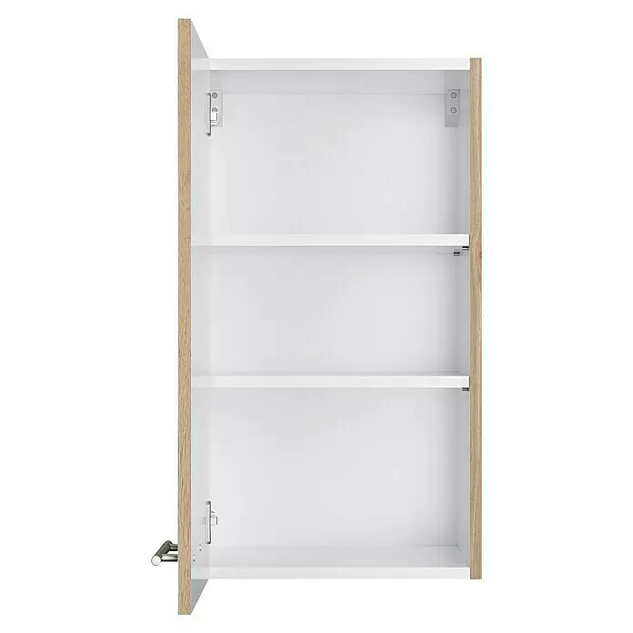 Optifit Hängeschrank Erik290 - L x B x H: 34,6 x 40 x 70,4 cm, Nachbildung Wildeiche - Offener weißer Schrank mit hellen Holzseiten, zwei Einlegeböden und Handtuchstange.