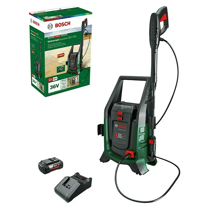 Bosch Universal Akku-Hochdruckreiniger UniversalAquatak 36V-100 - 8 -tlg., 36 V, 1 Akku - Abbildung des Bosch Universal Aquatak 36V-100 Akku-Hochdruckreinigers mit Akku und Ladegerät in Grün und Schwarz.