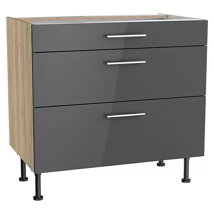 Optifit Unterschrank Jonte984L x B x H: 58,1 x 90 x 87 cm, Glanz Lack Anthrazit, Mit 3 Schubkästen