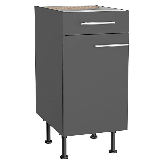 Optifit Unterschrank Ingvar420 - L x B x H: 58,1 x 40 x 87 cm, Anthrazit matt - Dunkelgrauer Küchenunterschrank mit einer Schublade, einer Tür, silbernen Griffen und schwarzen verstellbaren Füßen.