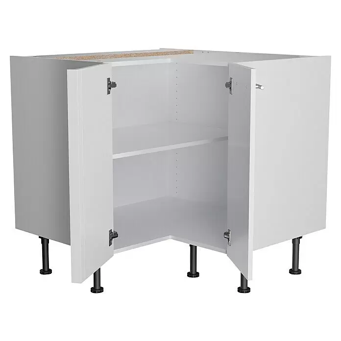 Optifit Küchen-Eck-Unterschrank Optikomfort Rurik986 - L x B x H: 58,1 x 90 x 87 cm, Glanz Lack Weiß - Weißer Kücheneckunterschrank, geöffnet mit Einlegeböden und verstellbaren Füßen.