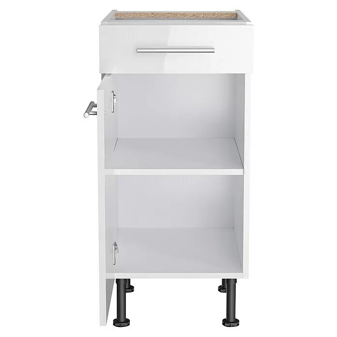 Optifit Unterschrank Optikomfort Rurik986 - L x B x H: 58,1 x 40 x 87 cm, Glanz Lack Weiß - Weißer Hochglanz-Unterschrank mit Schublade, silbernem Griff, offener Tür mit Regal und schwarzen verstellbaren Beinen.