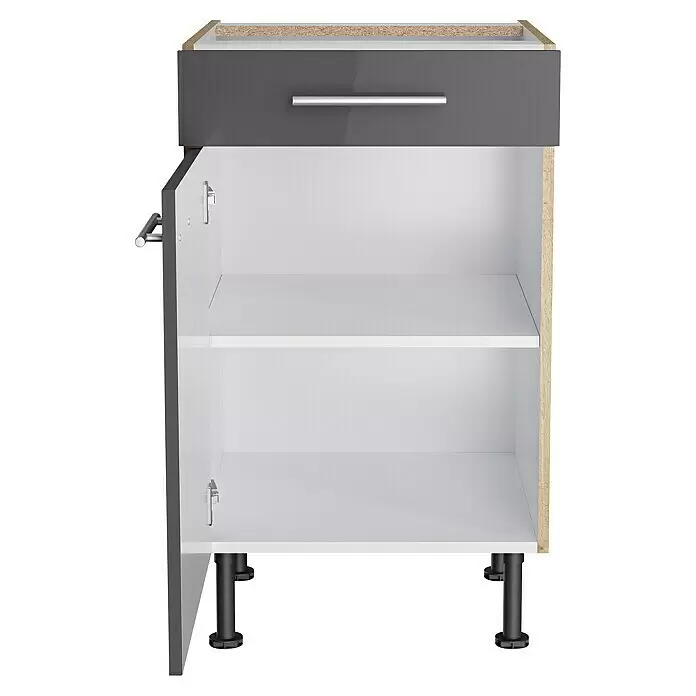 Optifit Unterschrank Jonte984 - L x B x H: 58,1 x 50 x 87 cm, Glanz Lack Anthrazit - Grauer Küchenunterschrank mit Schublade, offener Tür, weißem Regal, Holzoptik-Seitenwand und schwarzen Standfüßen.